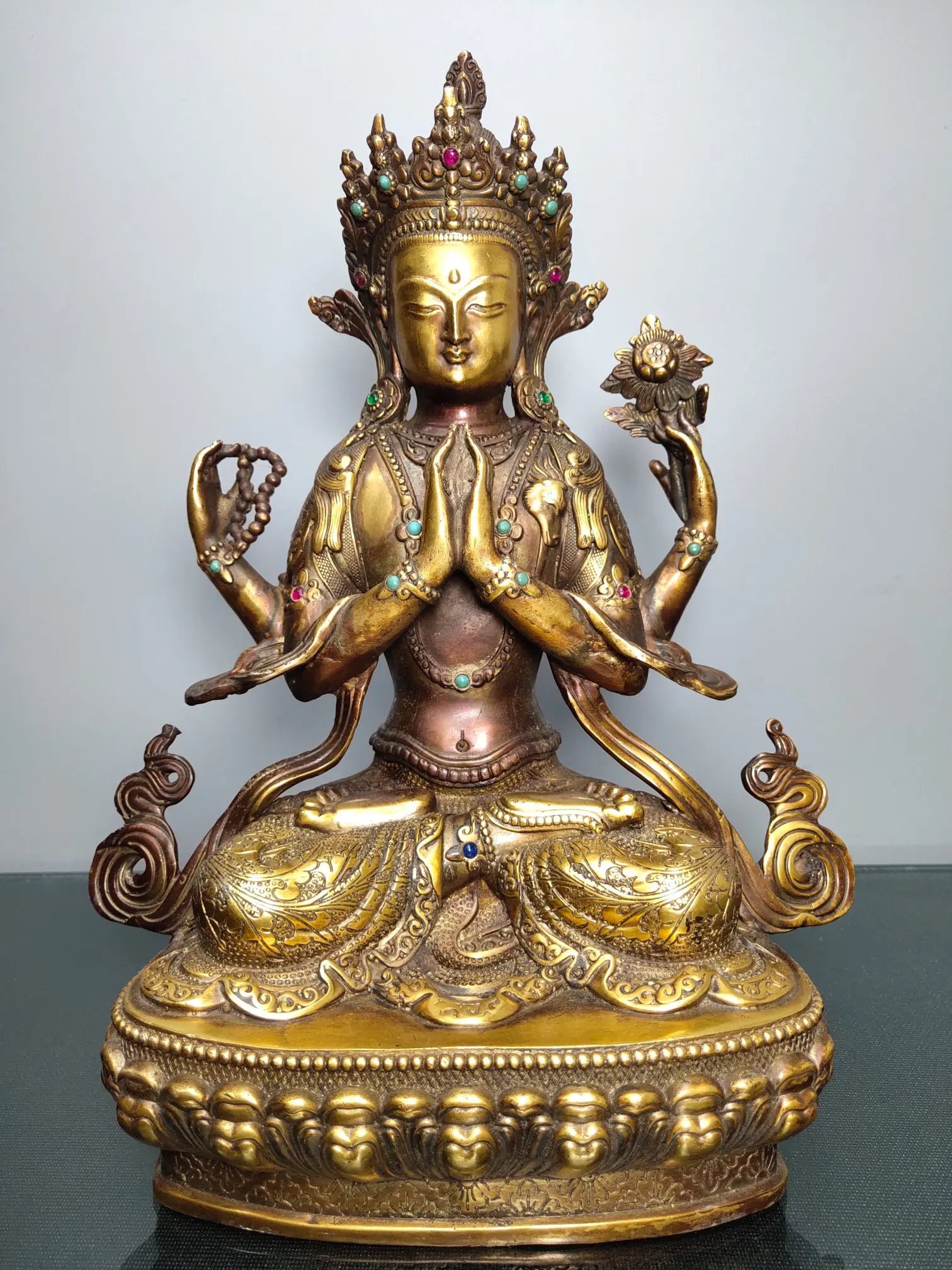 

12"Tibet temple Old Bronze mosaic Gem Four-armed Guanyin Bodhisattva Buddha Statue Sitting Buddha Enshrine the Buddha