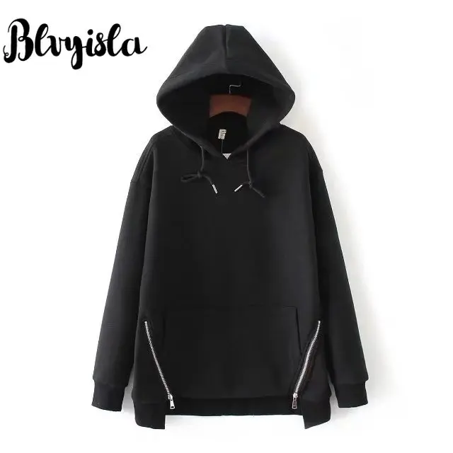 Пуловер с капюшоном и завязкой на молнии большими карманами|Женские толстовки