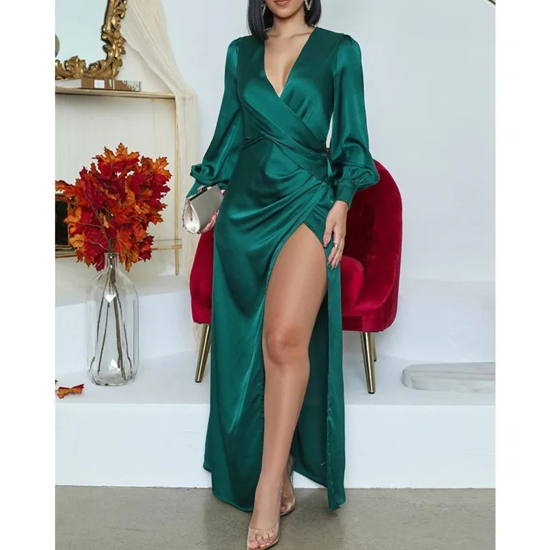 

Satin Dress Women Long Sleeve V Neck Solid Green Bodycon Hem Split Dress Lantern Sleeve Elegant Party Maxi Dress Women Vestidos