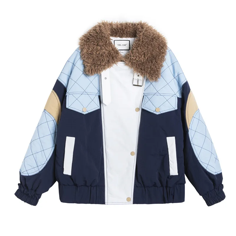 

Stitched Contrast Diamond Lattice Cotton Jacket Loose Locomotive Style Wool Collar Thickened Women Fashion Keep Warm Coat Aa99