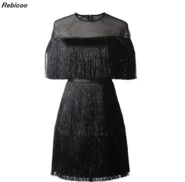 

fringe dress vintage elegant sexy party club wear beach mesh tight streetwear sundress runway women summer dress 2019 tassel