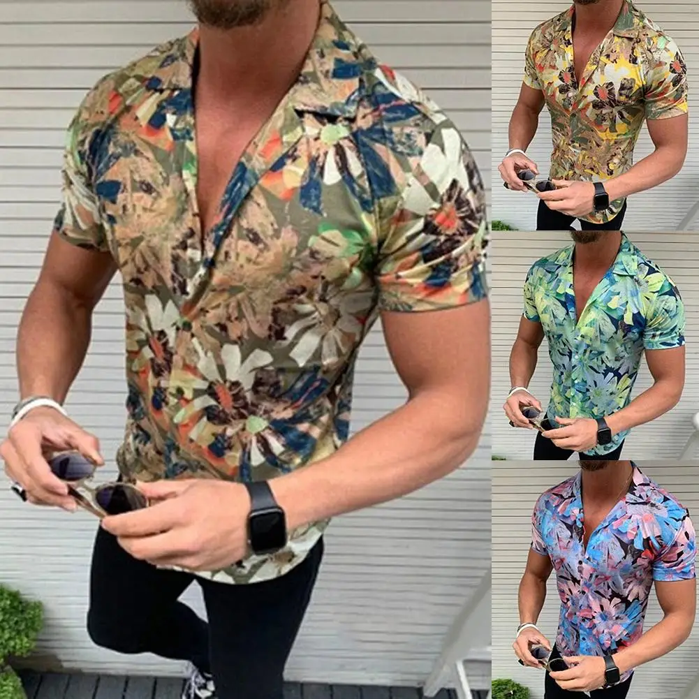 

Shirt 2020 New Fashion Men Stylish Short Sleeve Turn Down Collar Floral Print Blouse Button Shirt Summer T Shirts Casual Blouse