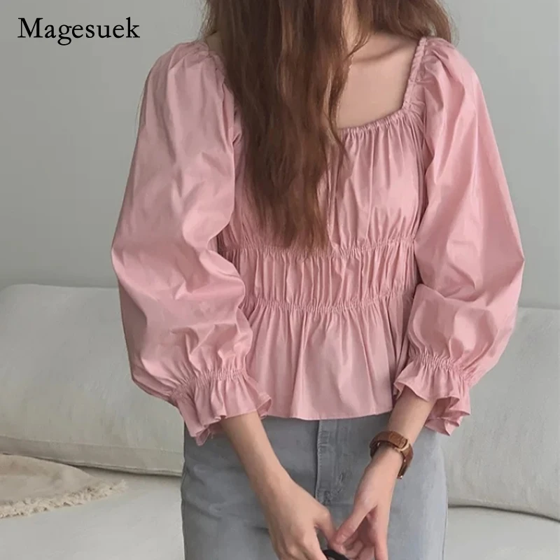 

Autumn Korean Style Slim Waist Blouse Chic Square Collar Wrinkled Puff Sleeve Women Tops Ladies Fashion Pink Pleated Shirt 14061