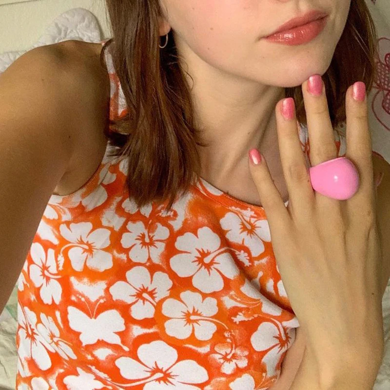 

Orange Floral Print Y2K Vintage Cropped Corset 2000s Kawaii Indie 90s Streetwear Off Shoulder Grunge Fashion Cropped Tops Tanks