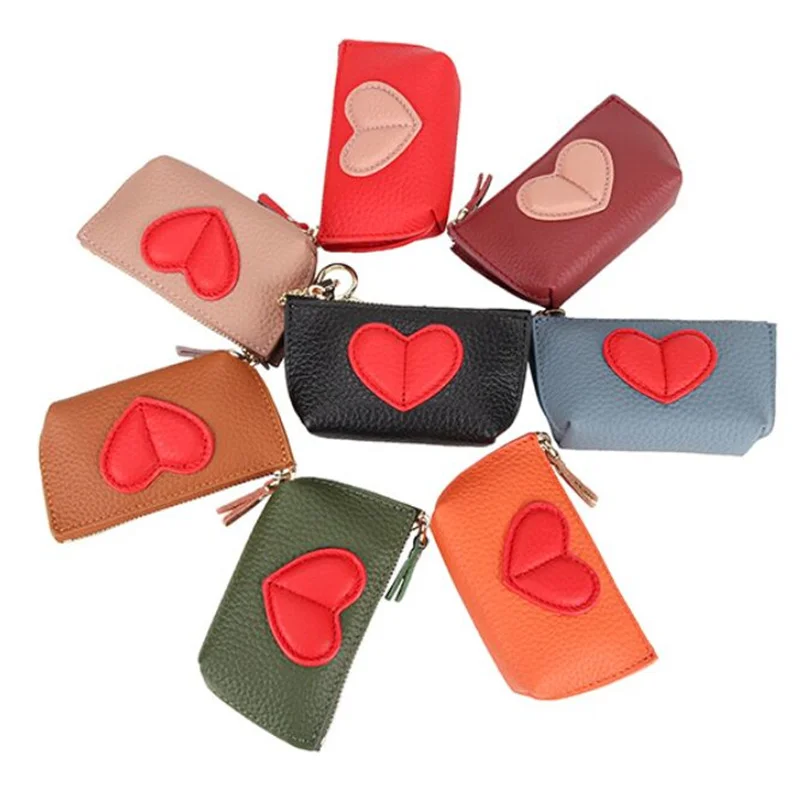 

Genuine Leather Women Mini Coin Purse Organizer Key Pouch Heart Love Cowhide Keychain Holder Car Romote Pocket ID Card Bag