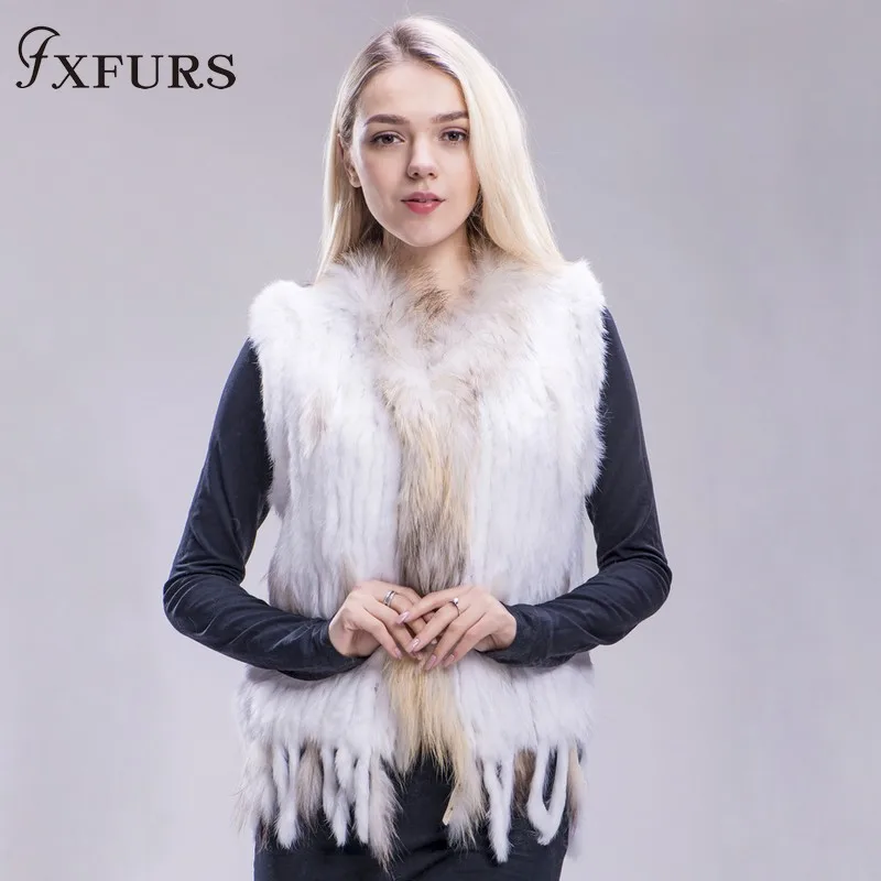 FXFURS из натурального кроличьего меха; вязаная жилетка; куртка из искусственного меха, красочные кролика, енота меховая вязаная жилетка 16 Цвета - Цвет: white