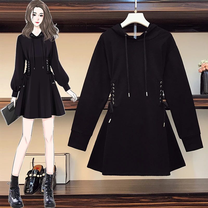 

L-4XL Plus Size Women Black Goth Hoodies Dress Spring 2021 Long Sleeve Lace-up Waist Cotton Sweatshirt A-Line Short Dresses