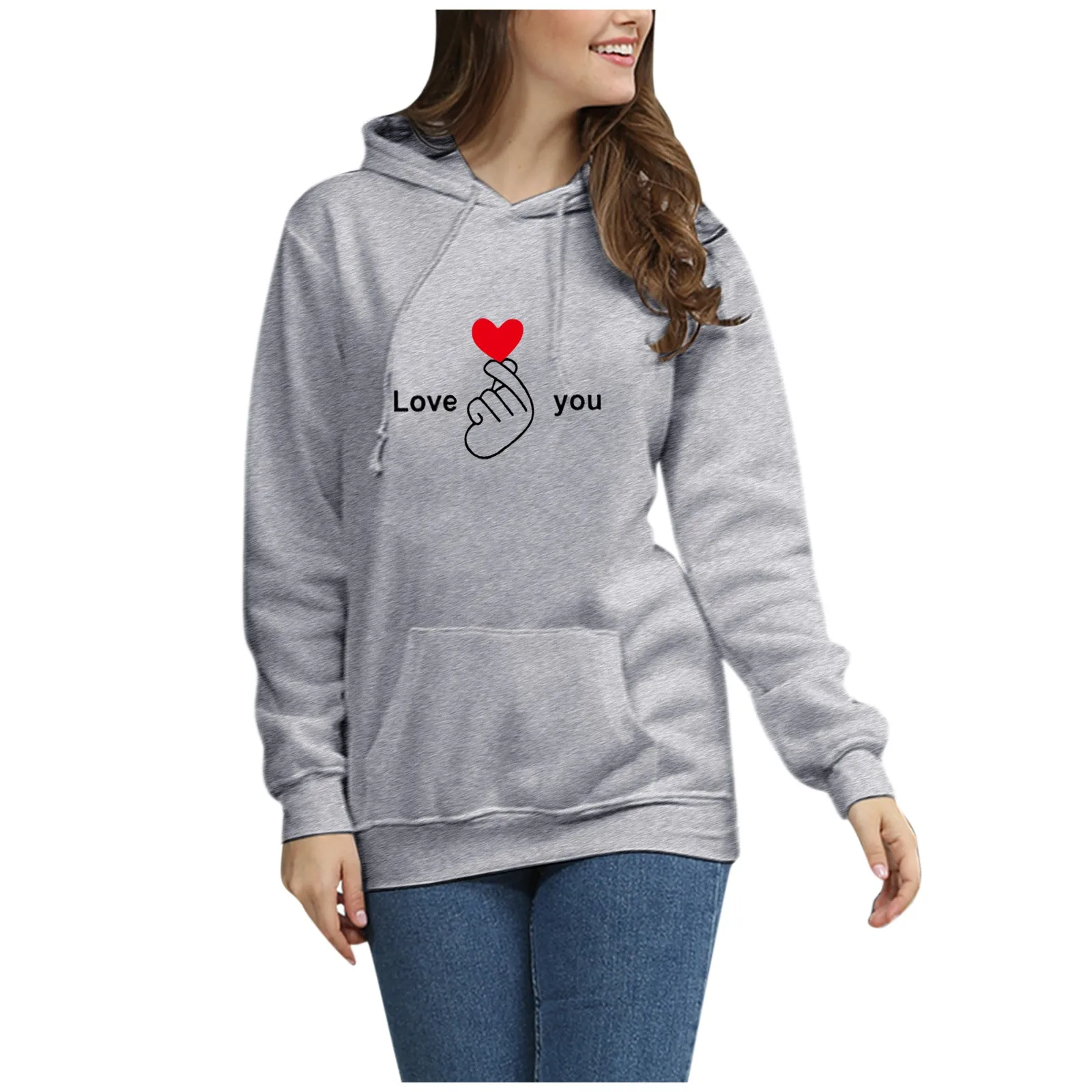 

2021 Autumn Winter Hoodies Women Casual O-neck Heartbeat Printed Loose Sweatshirts Tunic Hoodies Tops Sport Hoodie Gray Top