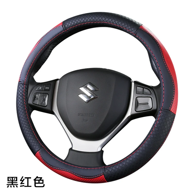 A black with red Топ Слои кожаный руль охватывает Для Suzuki Alivio/Ciaz Baleno Celerio Jimny SX4 S-Cross Grand Vitara Aerio Kizashi Liana - Название цвета: A black with red