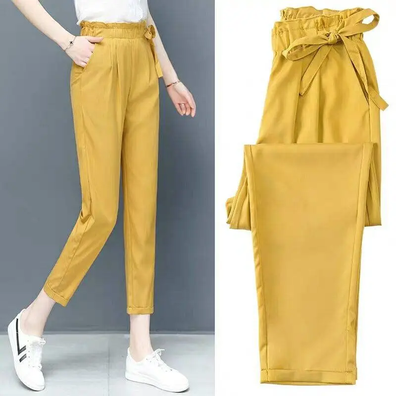 Женские брюки льняные хлопковые повседневные шаровары ярких цветов Harajuku зеленые