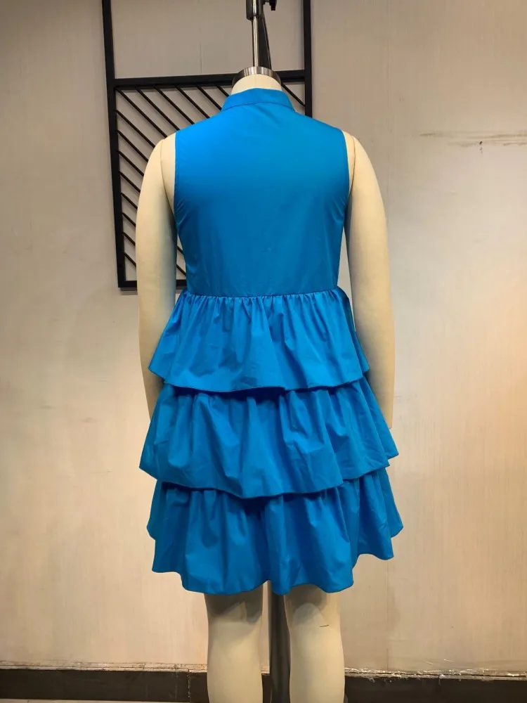 

2021 New Plus Size Dress Fashion Summer Women's Knee Length Dress Solid Color Button Stand Collar Sleeveless Loose Cake Dress