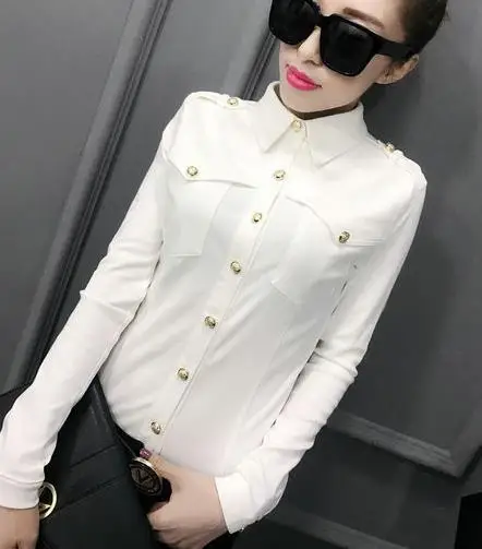 

2020 Spring Long Sleeve Turn Down Collar epaulet Cotton Shirts Women Button Cotton Blouses Women epaulet Cotton Tops