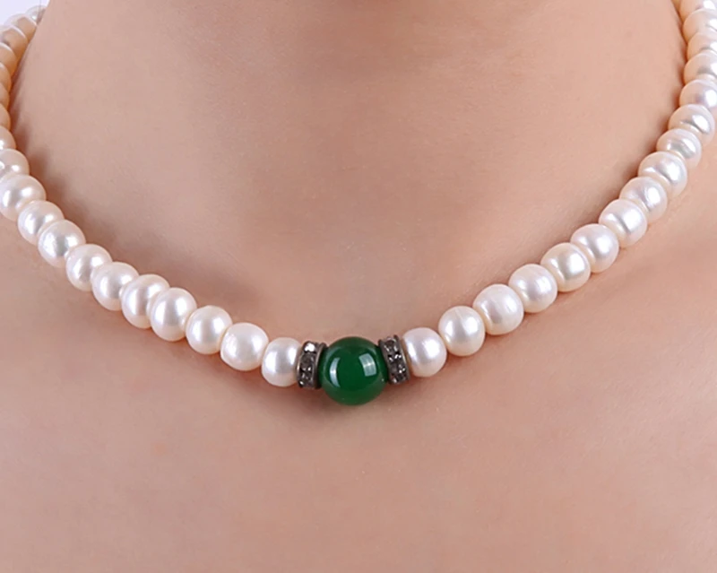 

Жемчужное ожерелье 8,0-9,0, 100% натуральное пресноводное культивированное ожерелье с натуральным нефритом, ожерелье-чокер, 16,0 дюйма