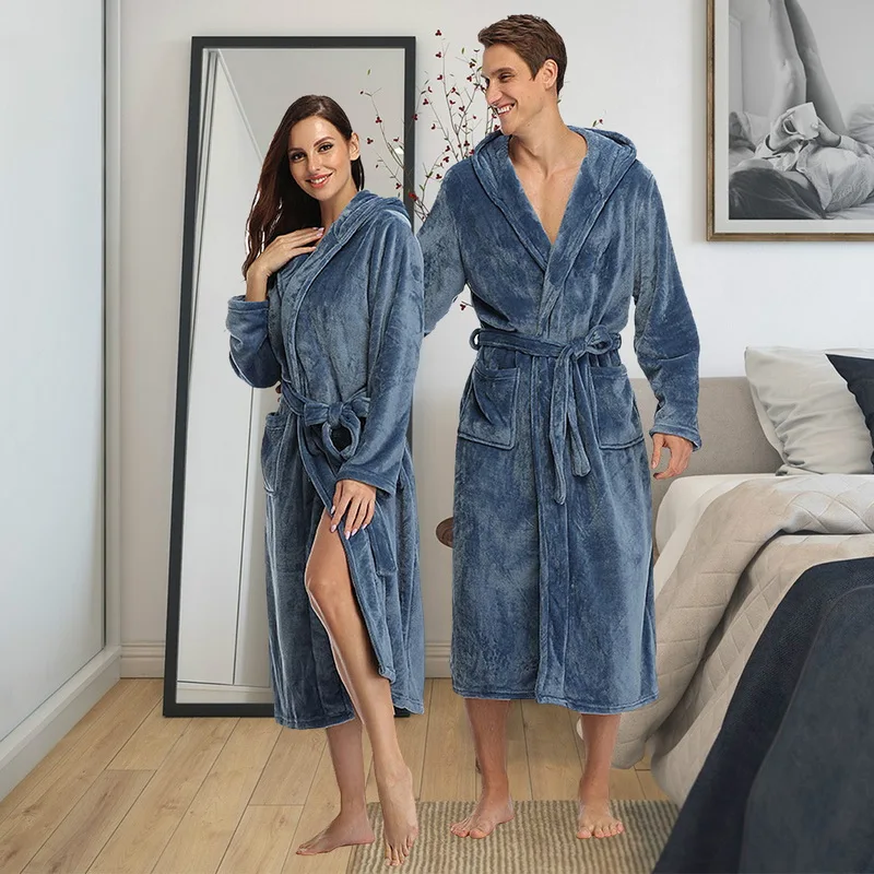 Ночная рубашка для пар толстый фланелевый Халат с капюшоном осенне зимняя одежда