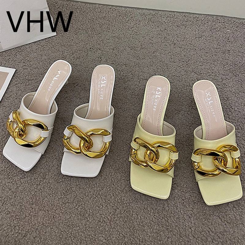 

Women Heels Slippers 2021 Summer Elegant Lady Open Toe Thin Heels Sandals Fashion Metal Chain Beige Luxury Brand Female Shoes