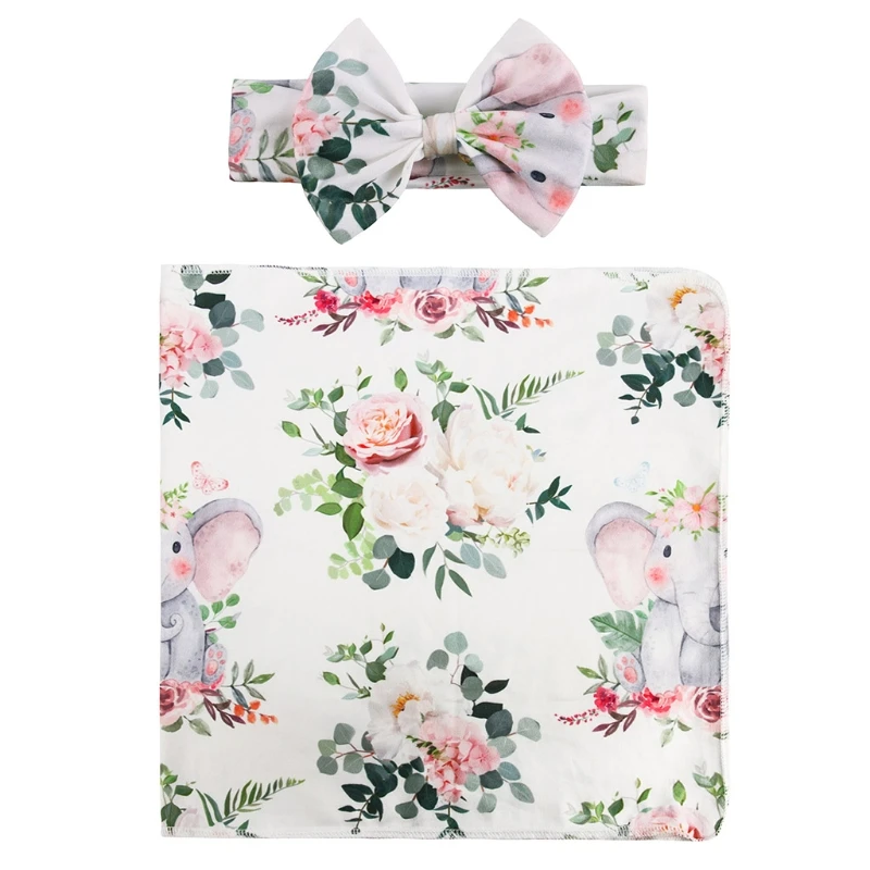 

2 Pcs Newborn Baby Receiving Blanket Headband Set Infant Floral Print Swaddle Wrap Sleeping Bag Hair Band Kits for Infants
