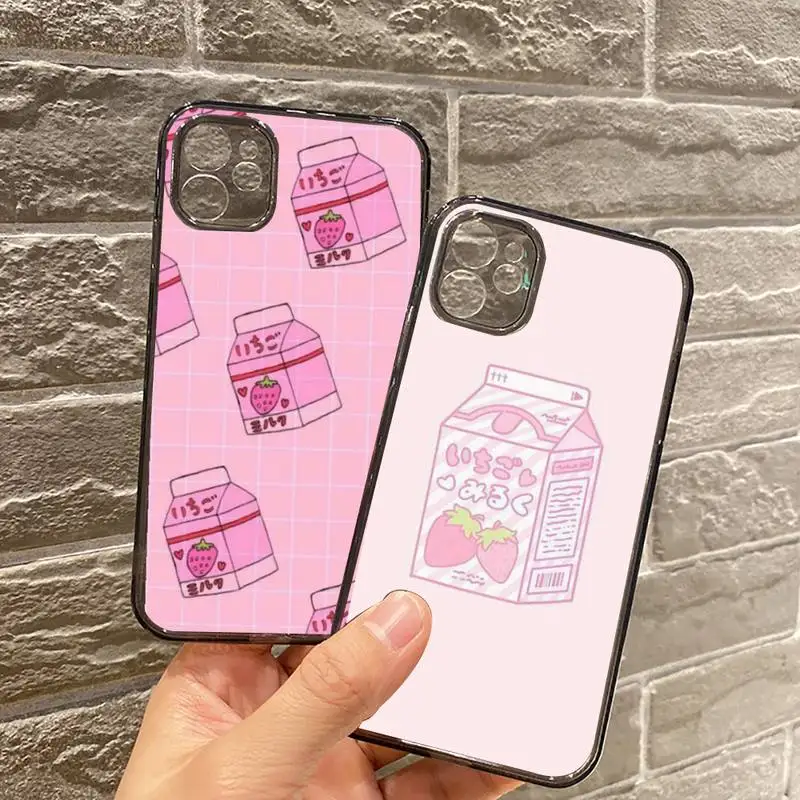 

Cute Strawberry Milk Pattern Phone Case For iPhone 7 8 11 12 X XS XR MINI Pro Max Plus Retro Black Grey clear transparent