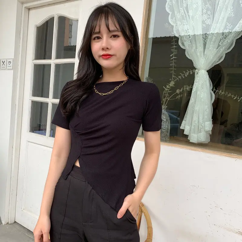 

2021 women's irregular top knitted close waist versatile split short sleeve bottom shirt