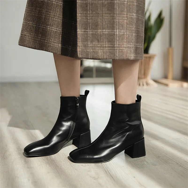 

ANNYMOLI Short Boots Women Shoes Real Leather High Heel Ankle Boots Square Toe Thick Heels Zip Lady Boots Autumn Winter Black 43