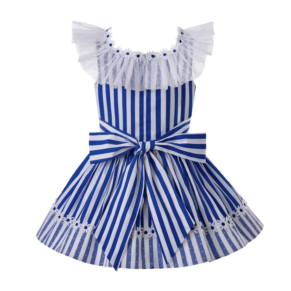 Cutestyles Cotton Vintage Summer Deep Blue Stripe Princess WeddingDresses For Baby Girls With Bow EG-DMGD203-C151 | Детская одежда и