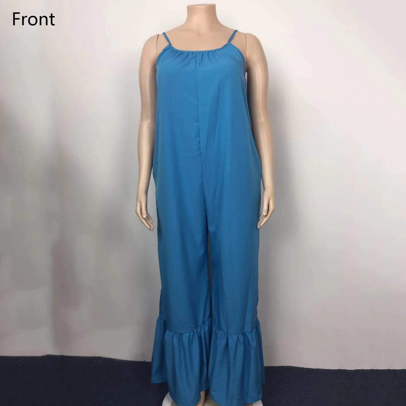 2021 New Loose Jumpsuits For Women Blue Spaghetti Strap Flare Pants Fashion High Street Wear Clothes Long Rompers & Jumpsuits