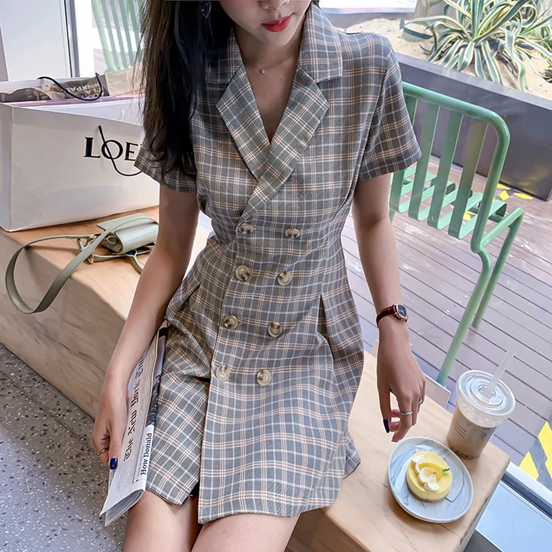 

Women's Suit Collar Dress 2021 Summer New Korean Version of The Waist Slimming Plaid Skirt French Retro Girl Bellflower Skirt