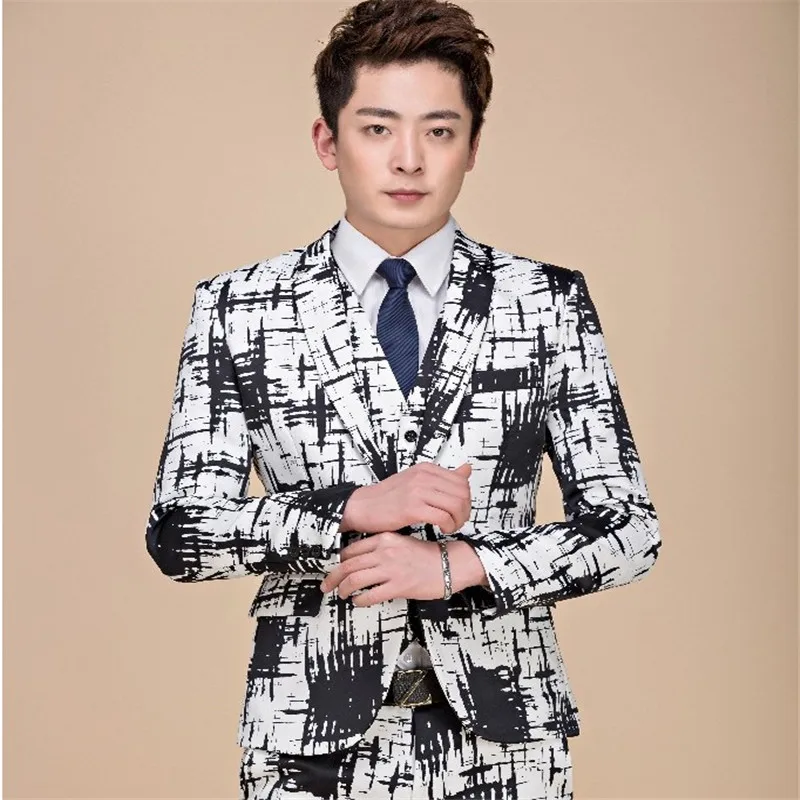 Мужской костюм с чернильным принтом комплект блейзером черно-белая приталенная