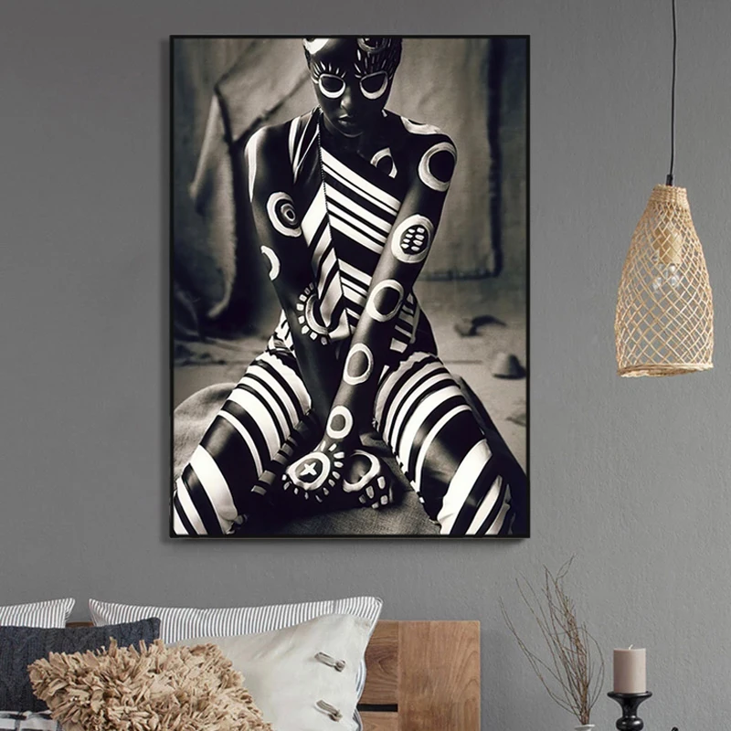 

Modern African Woman Poster Print Canvas Painting Abstract Black and White Pattern Figure Wall Art Pictures Living Room Decor