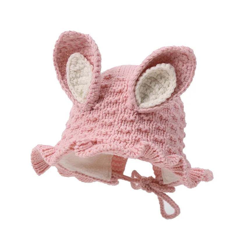 

Korean children's ear cap cute rabbit ear knitted hat boys and girls Plush children's wool hat designer bonnet autumn beanie