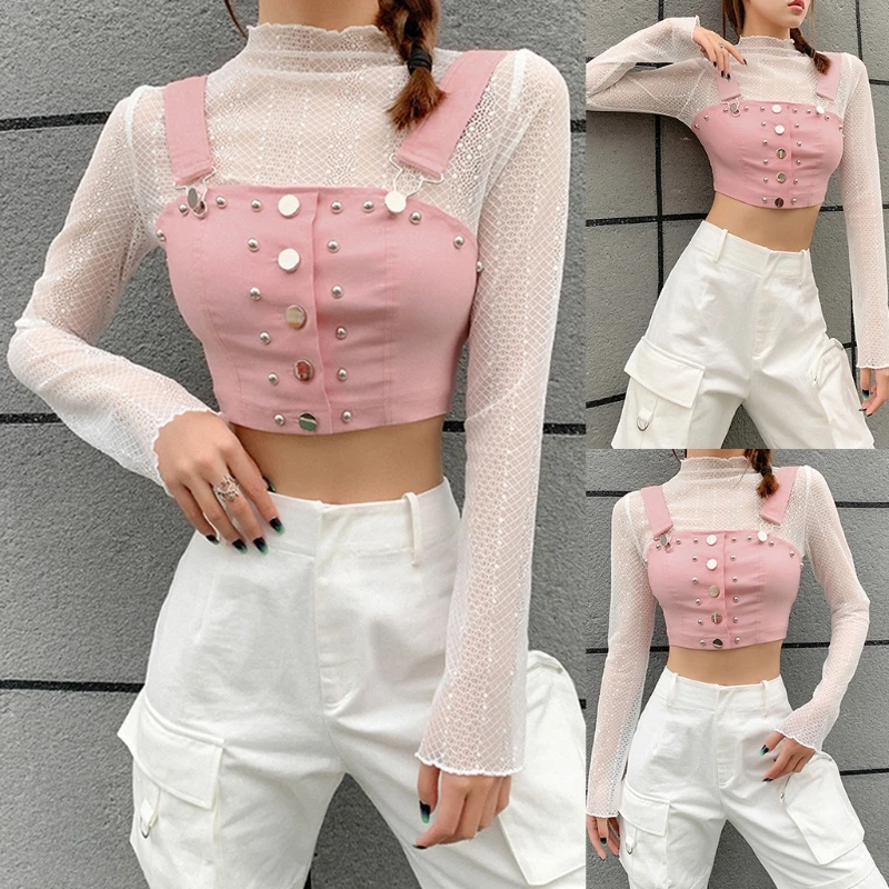 

Women Fake 2pcs Sheer Lace Long Sleeve Turtleneck Crop Top with Pink Button Vest 83XF