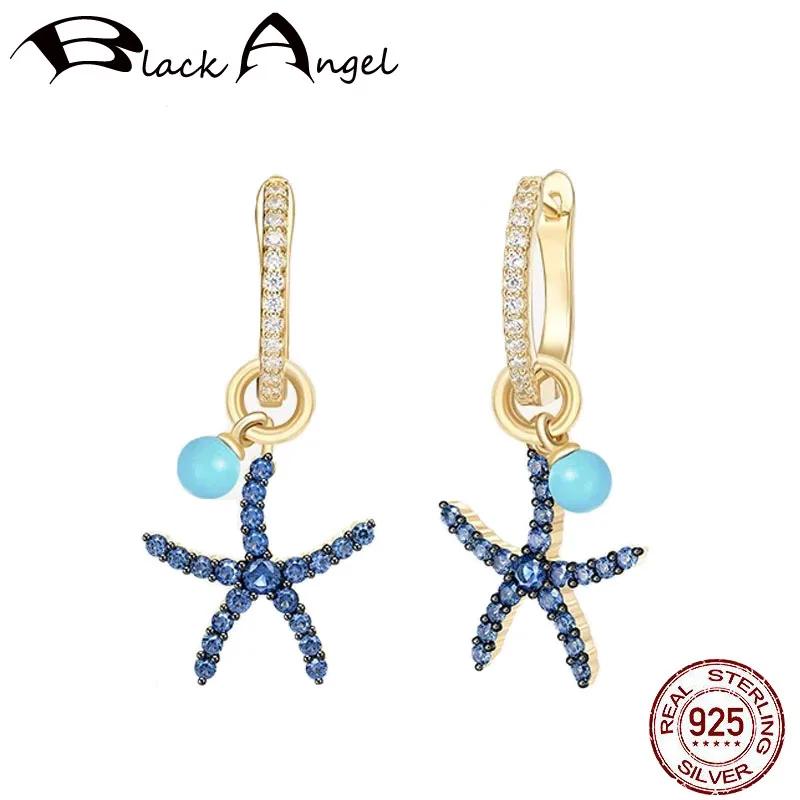 Новый 925 стерлингового серебра Симпатичные Морская звезда сережки ввиде CZ сине