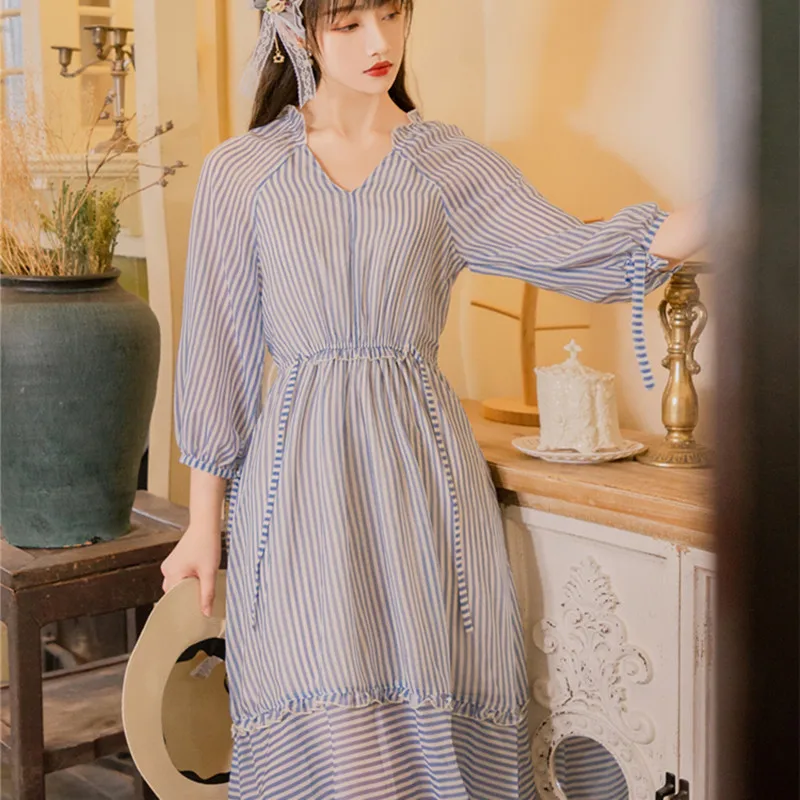 

Alien Kitty Women Dress 2020 Summer Striped High Waist Slim Sashes Vintage Elegant Sweet Fresh A-line Female Office Lady Casual