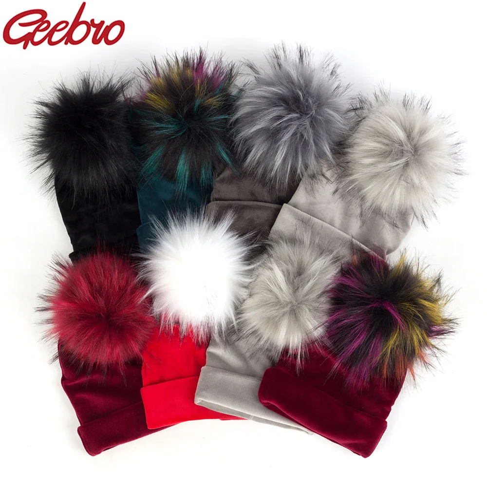 Geebro Newborn Baby Hat Faux Raccoon Fur Pompom Girls Boys Warm Winter Knitted Velvet Hat Ins Fashion Soft Thick Flannel Beanies