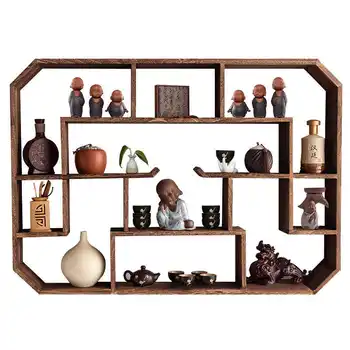 Household solid wood Chinese wall mounted teapot display shelf simple modern antique decorative storage rack living room