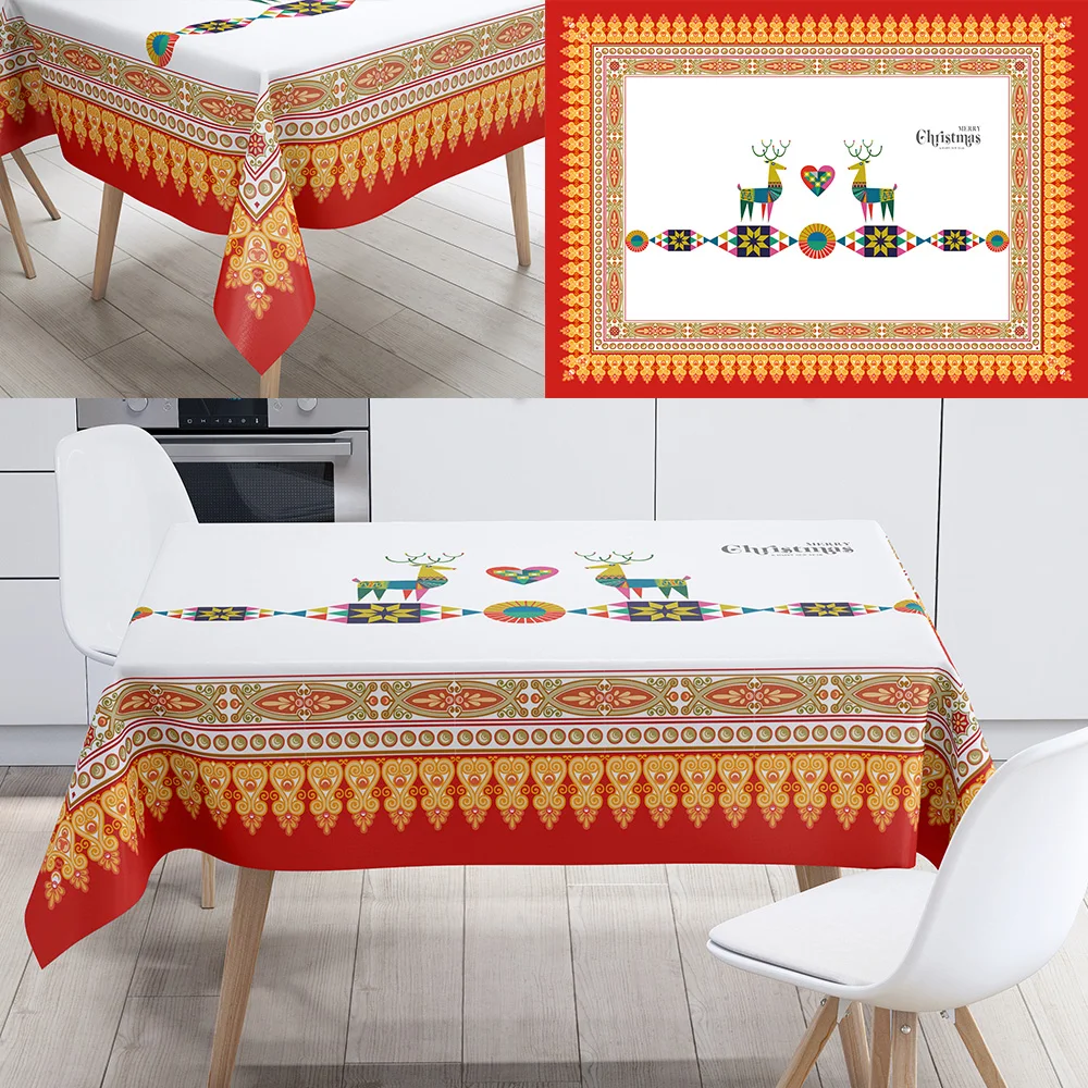 

Christmas Decoration Tablecloth Cartoon Elk Pattern New Year Table Cloth Dustproof Polyester Cotton Rectangular Table Cover