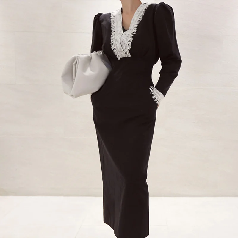 Женская обувь в винтажном стиле Вечерние платье миди с длинными рукавами