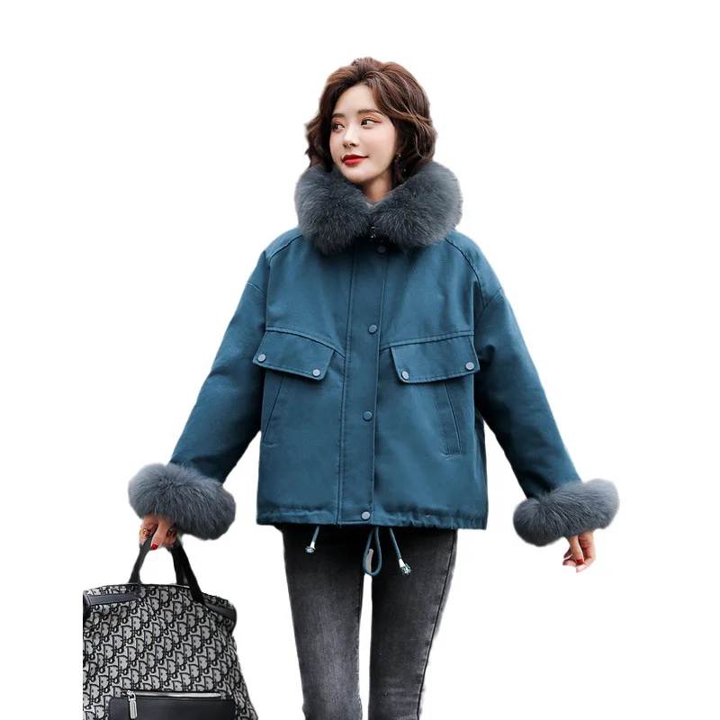

Cotton-padded Jacket Women's 2021 Winter New Style Cuff Fox Big Fur Collar Short Padded Jacket Small Plus Velvet Pie To Overcome