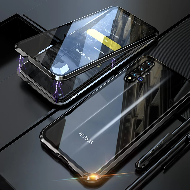 Black Роскошный 360 полный корпус Магнитный стеклянный чехол для huawei Honor 20 Pro Nova 5T прозрачный металлический бампер задняя крышка huawei Nova 5t чехол - Цвет: Black