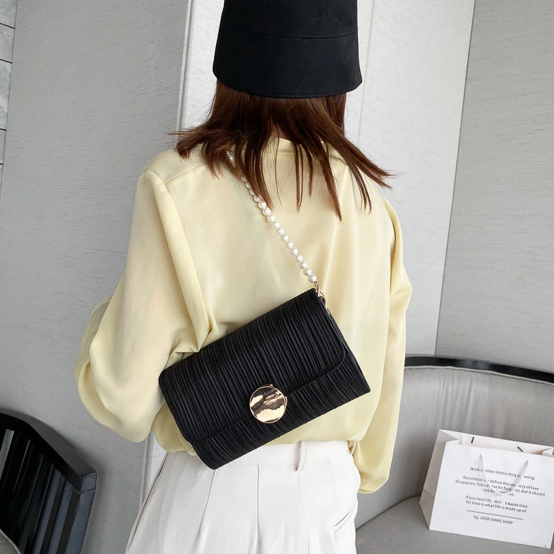 

Vintage Solid Color Wrinkled Bag Women Fashion Flap Bag Pearl Chain Shoulder Bag Ladies Trend Handbag for Girls Crossbody Purses
