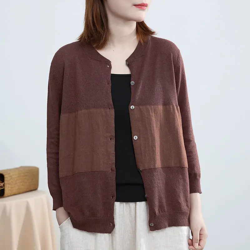 

Spring New Cotton and Linen Stitching Knit Jacket Women Loose Contrast Coat Women Short Linen Jacket Outer Shawl Summer Top r209