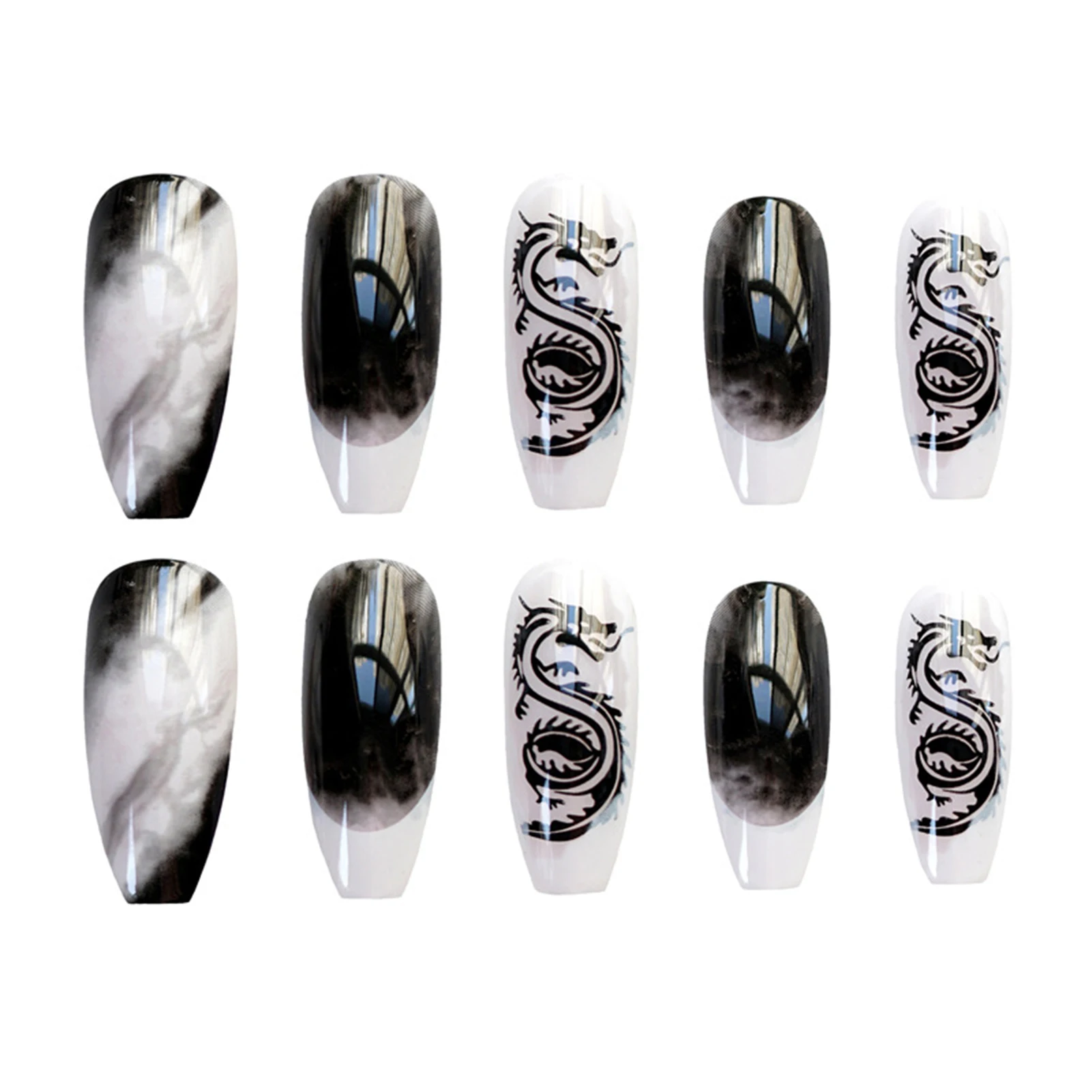 

24pcs Black Blooming Dragons Wear Long Paragraph Fashion Manicure Patch False Nails Save Time Wearable Nail Patch