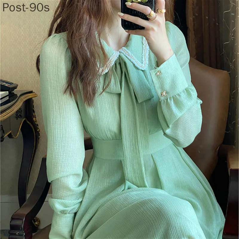 

Французское ретро-платье, женское Повседневное платье с гофрированным воротником и длинным рукавом, винтажное однотонное сказочное шикарн...