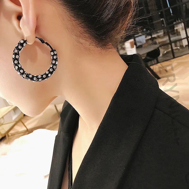 

New Arrival White Crystal Black Metal Big Hoop Earrings For Women Fashion Jewelry 4/5/6 cm Hoop Earings Brincos