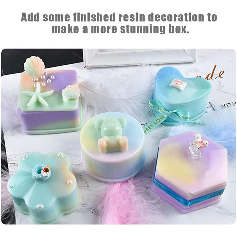

4 Pcs Box Resin Molds, Jewelry Box Molds Heart Shape/Flower Shape Molds/Hexagon Storage Box Mold