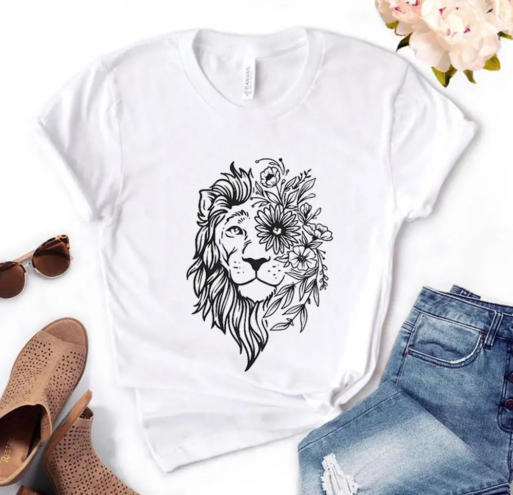 

Lion face floral Print Women tshirt Cotton Casual Funny t shirt Gift For Lady Yong Girl Top Tee PM-138