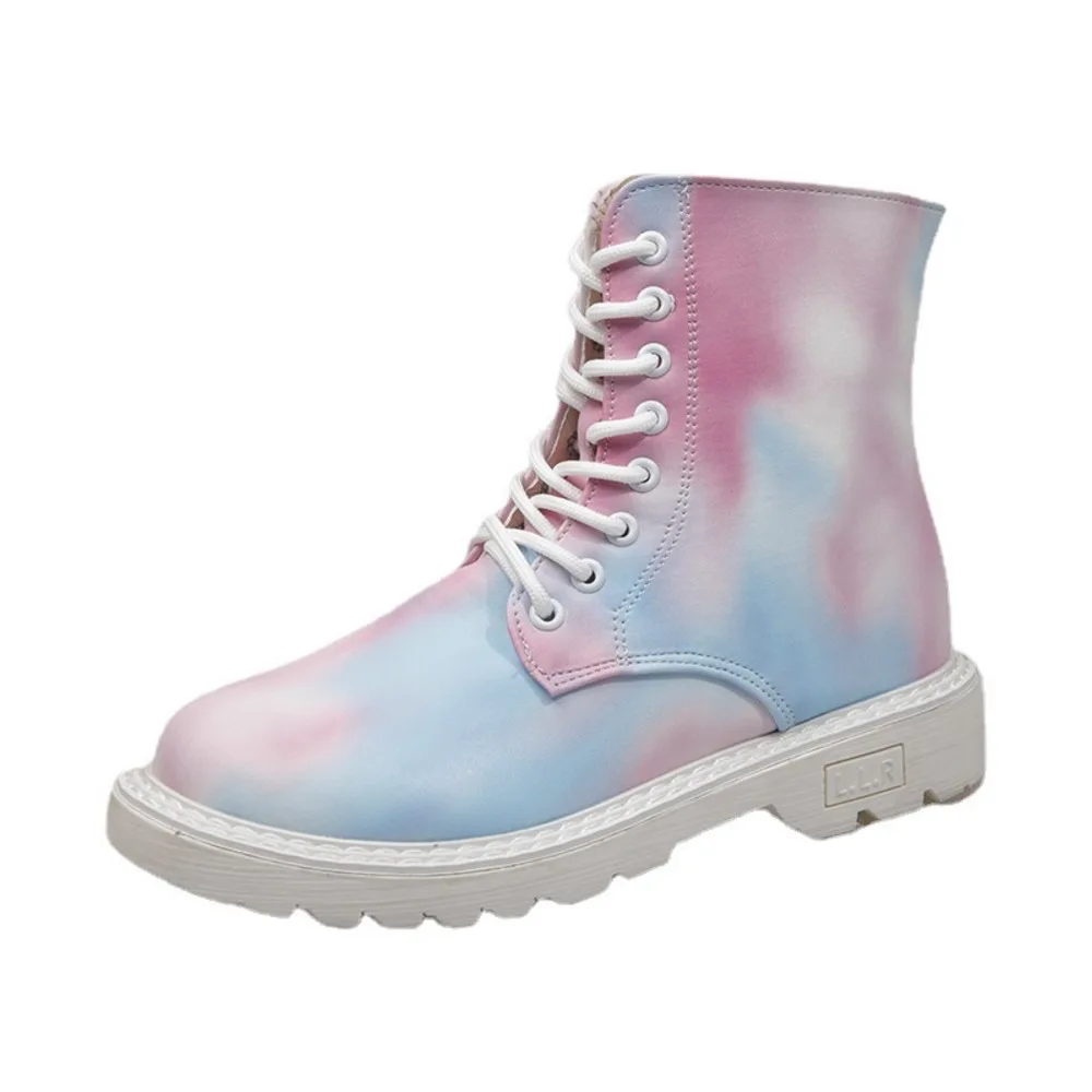 

New Ladies Color Round Toe Flat Waterproof Martin Boots 2021 Autumn Winter Cross Straps Booties Large Size Women's Shoes