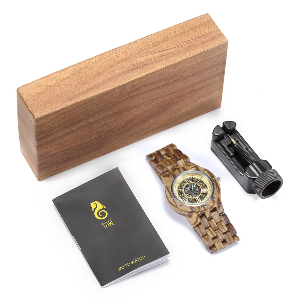 

2020 Fashion Big Date Wooden Business Hand Watch Men High-grade Hollow Automatic Mechanical Clock Waterproof Bamboo Wristwatch