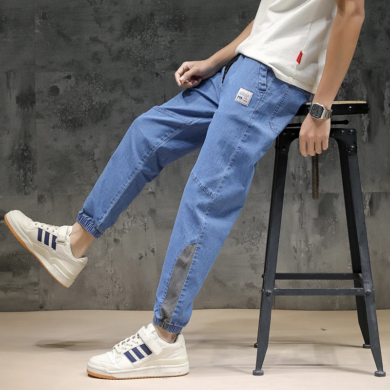 M 8XLJeans мужские брюки с принтом пэчворк эластичной резинкой на талии узкие для