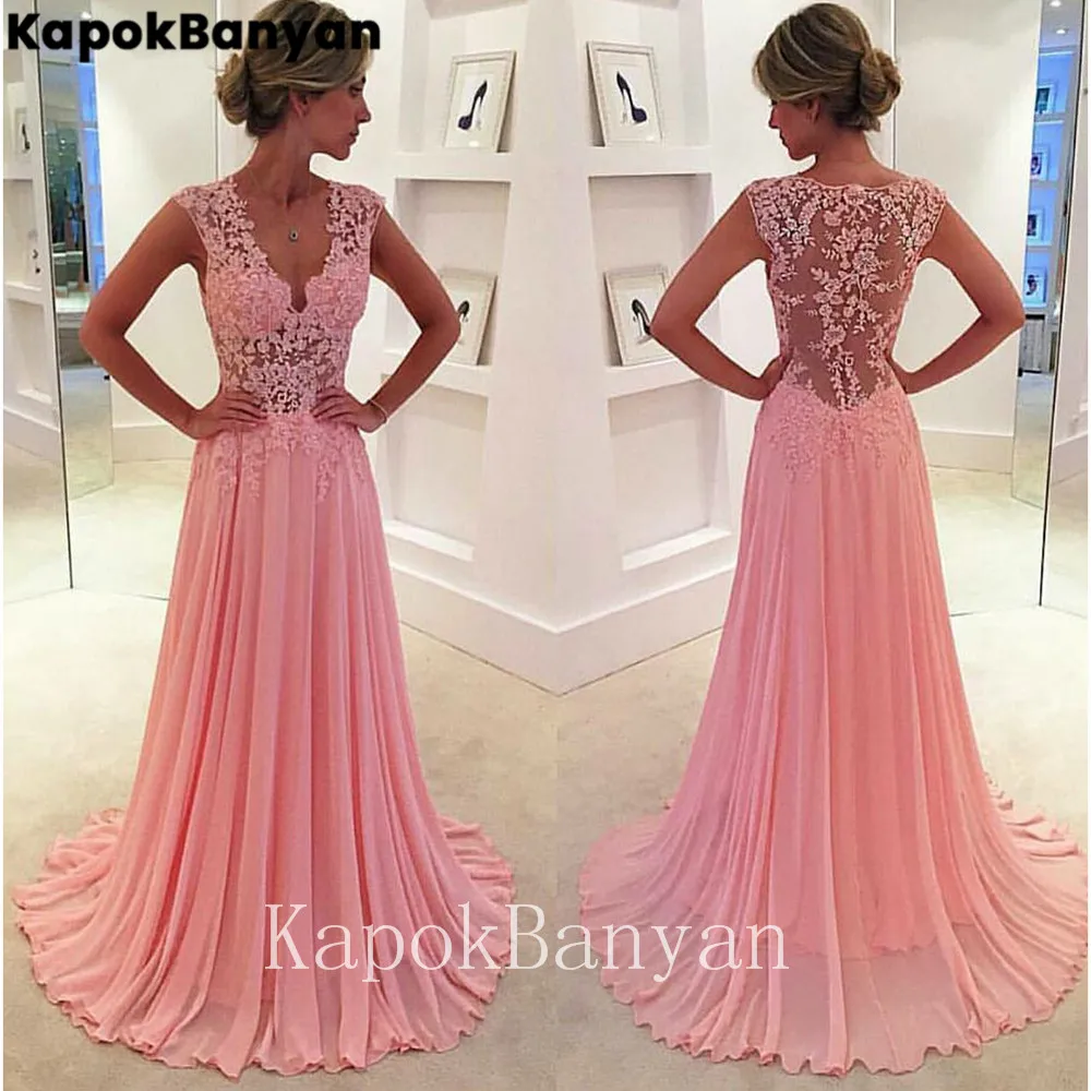 Купи Illusion Lace V-neck Sleeveless Chiffon Long Formal Evening Dress A-line Sweep Train Party Gown за 5,212 рублей в магазине AliExpress