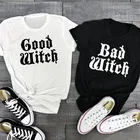 Забавная рубашка на Хэллоуин, футболка с надписью Good Witch Bad Witch, женская футболка с надписью Best Friend на Хэллоуин, топы со слоганом, с круглым вырезом, премиум